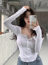 Schwarz Weiß T Shirt Frauen Baumwolle Taste Elastizität Schlank Langarm 2024 Herbst Tops Mode Koreanischen Stil T-shirt Frauen Kleidung